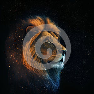 Lion head in cosmic space. Portrait of a lion.