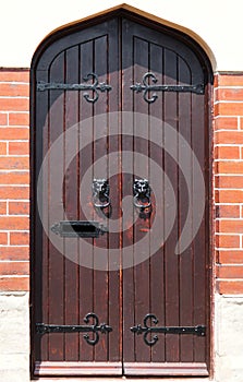 Lion head door knob on wooden door