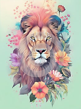 Lion head with fantasy flowers around suitable for sticker, clip art, vintage t-shirt design. Generative Ai