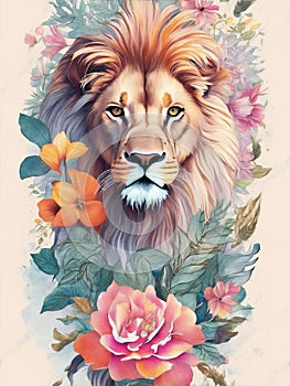 Lion head with fantasy flowers around suitable for sticker, clip art, vintage t-shirt design. Generative Ai