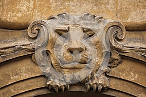 Lion head. Funny mascaron on the Art Nouveau building