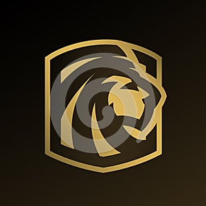 Lion head, gold logo, emblem.