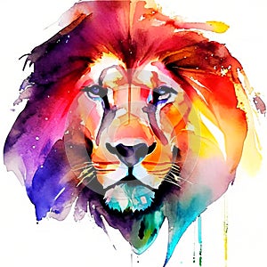 Lion head. Hand drawn watercolor illustration isolated on white background Generative AI