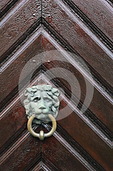 The lion head knocker with the ring on the wooden door