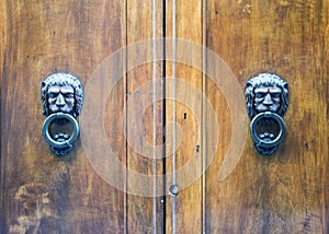 Lion head knockers on an old wooden door.