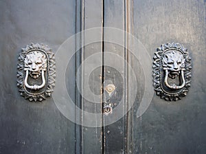 Lion head knockers on an old wooden door.