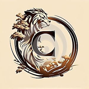 Lion head with letter C in a circle. Vector illustration