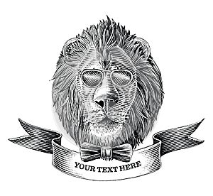 The lion head logo with banner hand draw vintage engraving illustration black and white clip art isolated on white background