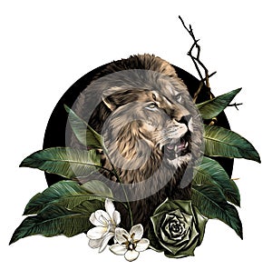 Lion head with open mouth surrounded by tropical plants leaves and flowers composition