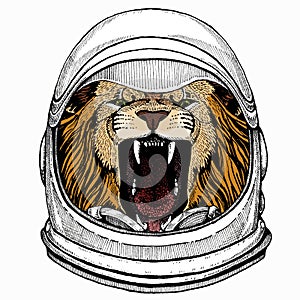 Lion head. Portrait of wild african animal. Astronaut animal. Vector portrait. Cosmos and Spaceman. Space illustration