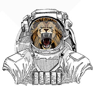 Lion head. Portrait of wild african animal. Wild astronaut animal in spacesuit. Deep space. Galaxy.