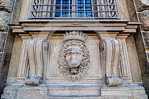 Lion head relief on the facade of Pitti Palace, Florence, Italy
