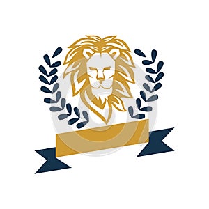 Lion Head Ribbon Leaf Logo Design Symbol Template Isolated