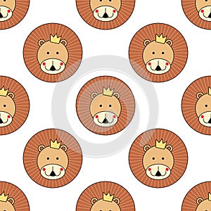 Lion head seamless pattern. Cute animal vector background.