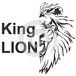 Lion head silhouette, half lion head in black tones isolated on white. Lion king vector. Vector illustration.