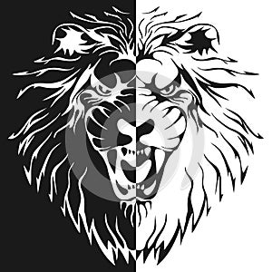 Lion head silhouette, half lion head in black tones isolated on white. Vector illustration.