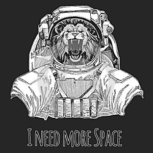 Lion head. Spaceman, astronaut. Wild animal wearing space suit. Wild animal portrait. Face of african cat.