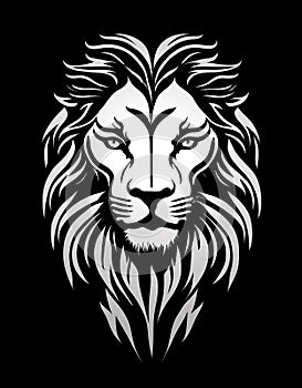 Lion head white logo isolated on black background, king lion artictic design photo