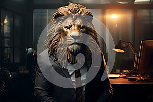 A lion headed CEO oversees operations in the corporate office space photo