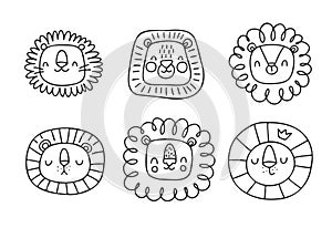 Lion heads set. Funny vector character drawing.