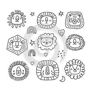 Lion heads set. Funny vector character drawing.