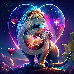 Lion hugging heart Lion with heart in his hand. Valentine's day concept. Generative AI animal ai