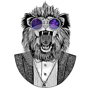 Lion Hipster animal Hand drawn image for tattoo, emblem, badge, logo, patch, t-shirt