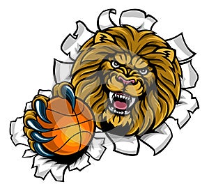 Lion Holding Basketball Ball Breaking Background