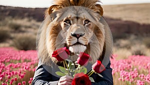 lion holding flowers for valentine\'s day photo