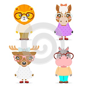 Lion horse deer hippo cute animal boy girl cubs mascot cartoon icons set flat design vector illustration