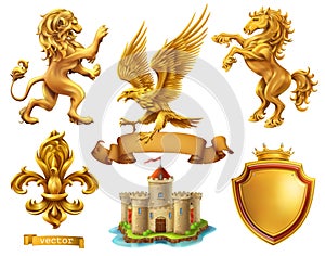 Lion, horse, eagle, lily. Golden heraldic elements. 3d vector icon set