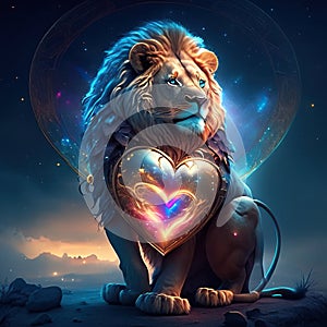 Lion hugging heart Lion with heart. Valentine's day card. 3D rendering AI generated animal ai