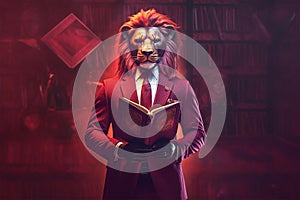 lion with a human body physique wearing suit with lawyer occupation holding law book on red background. Generative AI