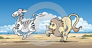 Lion hunting a zebra