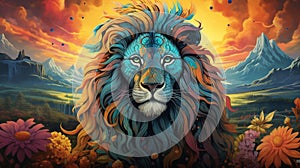 lion imaginative digital artwork featuring a brightly colored animal with a stunning mountainous landscape , AI-generated