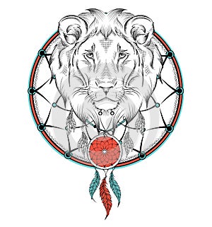 Lion indian warrior, animal hand drawn illustration, native american poster. Hand draw vector illustration