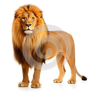 Lion Isolated on White Background - Standing and Looking at Camera