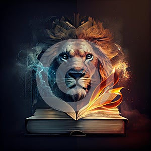 Lion of judah with the bible, religion and faith of christianity, bibical story, book of Genesis, generative AI