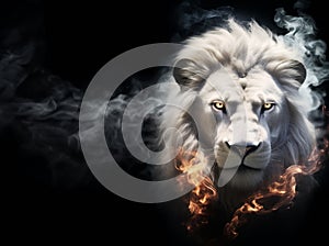 The Lion of Judah - White albino imposing lion - Fire, smoke, ashes, embers - Fantasy Feline Lion King