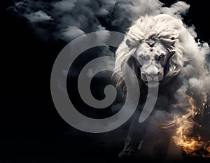 The Lion of Judah - White albino imposing lion - Fire, smoke, ashes, embers - Fantasy Feline Lion King - Banner style