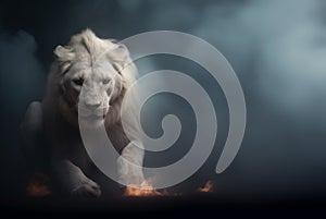 The Lion of Judah - White albino imposing lion - Fire, smoke, ashes, embers - Fantasy Feline Lion King - Copy space