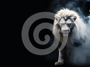 Lion of Judah - White albino imposing lion - Fire, smoke, ashes - Fantasy Feline Lion King - Horizontal banner style - White Smoke