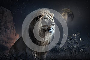Lion in jungle at night, portrait of wild African animal in savanna, generative AI