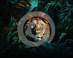 Lion in jungle at night of wild African animal.