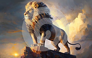 lion is the king of beasts, ion stands majestically on the rock, generative ai