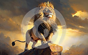 lion is the king of beasts, ion stands majestically on the rock, generative ai