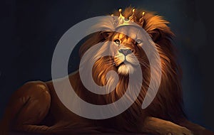 lion is the king of beasts, ion stands majestically on the rock, with a golden crown on his head, generative ai