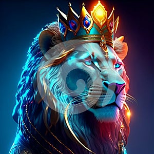 Lion king with golden crown on his head. 3D rendering AI generated