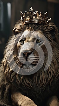 Lion king with golden crown on his head. Portrait of a lion king. Generative AI