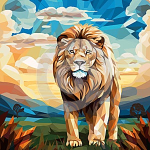 Lion King on nature background in vector mosaic pop art style